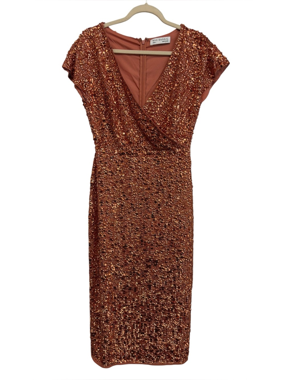 New Mac Duggal Sequin Cap Sleeve V-Neck Midi Dress in Copper Style 10766 Size 4